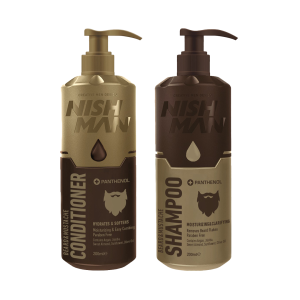 NISHMAN Ultimate Beard & Mustache Care Duo: Hydrating Shampoo & Softening Conditioner