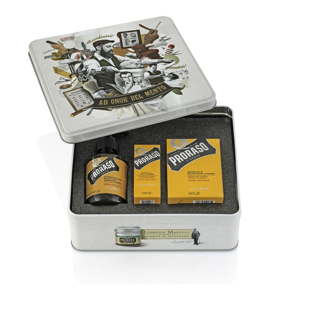Cella Milano 1899 Proraso shaving set wood and spice in metal box collection