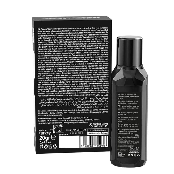 GUMMY POWDER WAX 20 GR packaging and bottle, providing dry, voluminous, and matte styling for men&