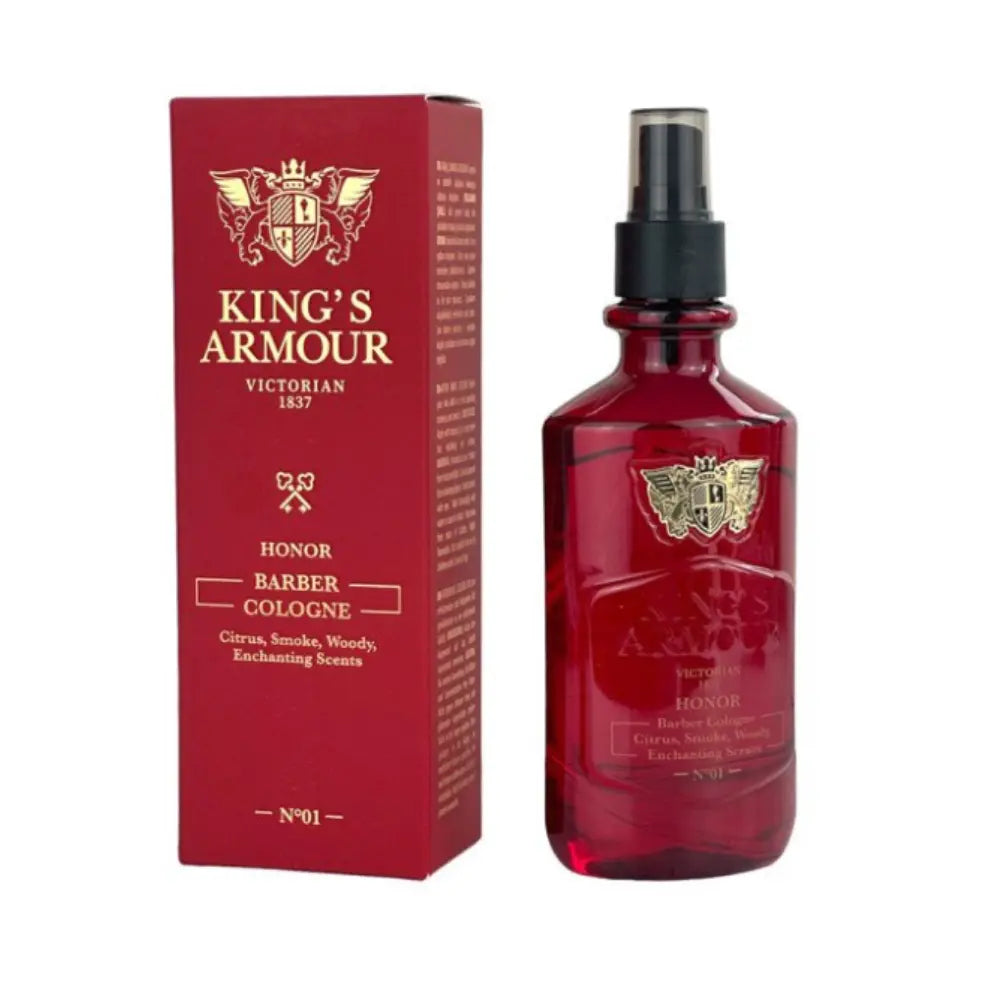 King's Armour HONOR Barber Kolonya Spray 250 ML with citrus, smoke, and woody notes in red bottle and box.